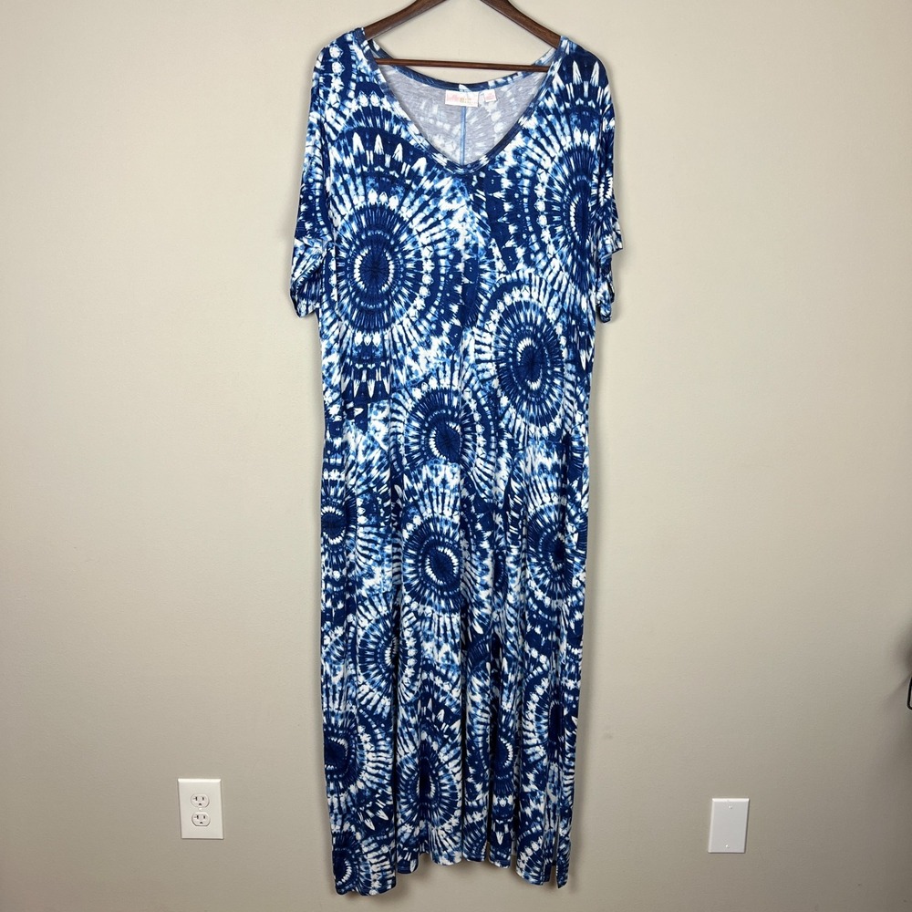 Belle Kim Gravel Maxi Dress Women 2X Blue Tie Dye T-Shirt Side Slit Short Sleeve